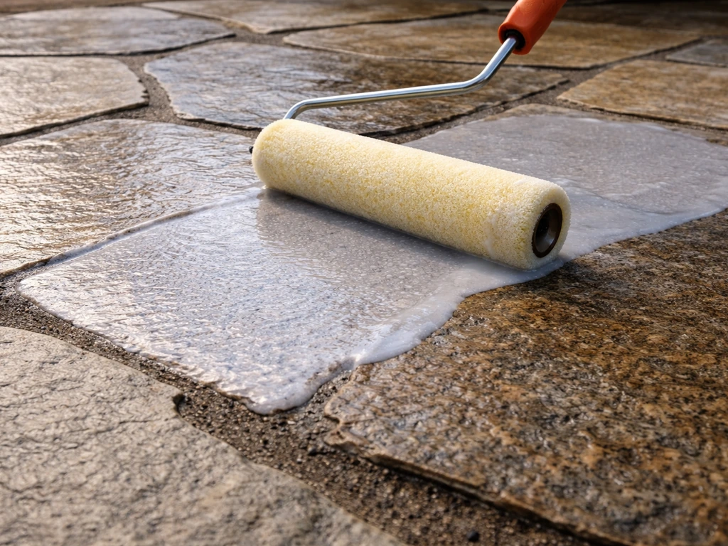 Bonding primer applied with a paint roller on a natural stone/flagstone patio surface