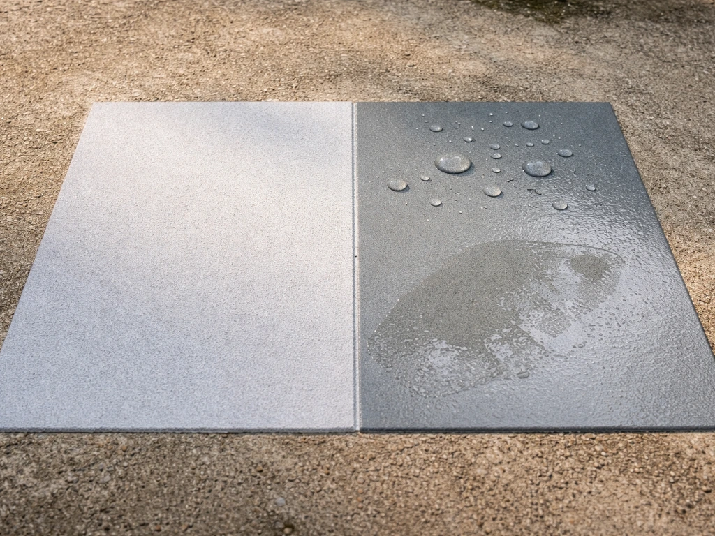 Close-up of two adjacent patio paint swatches—matte vs semi-gloss—with water droplets showing sheen and slip risk.