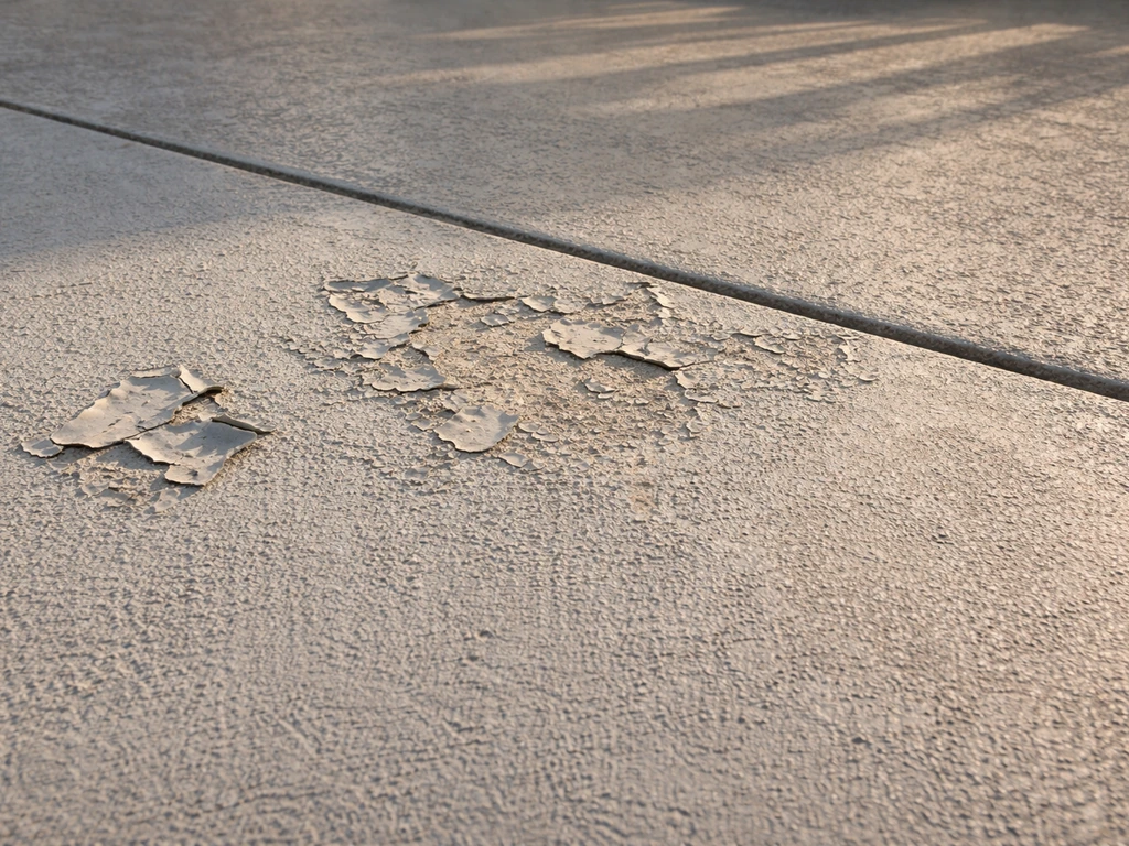 Close-up of a painted patio with peeling, flaking, and faded areas on concrete.