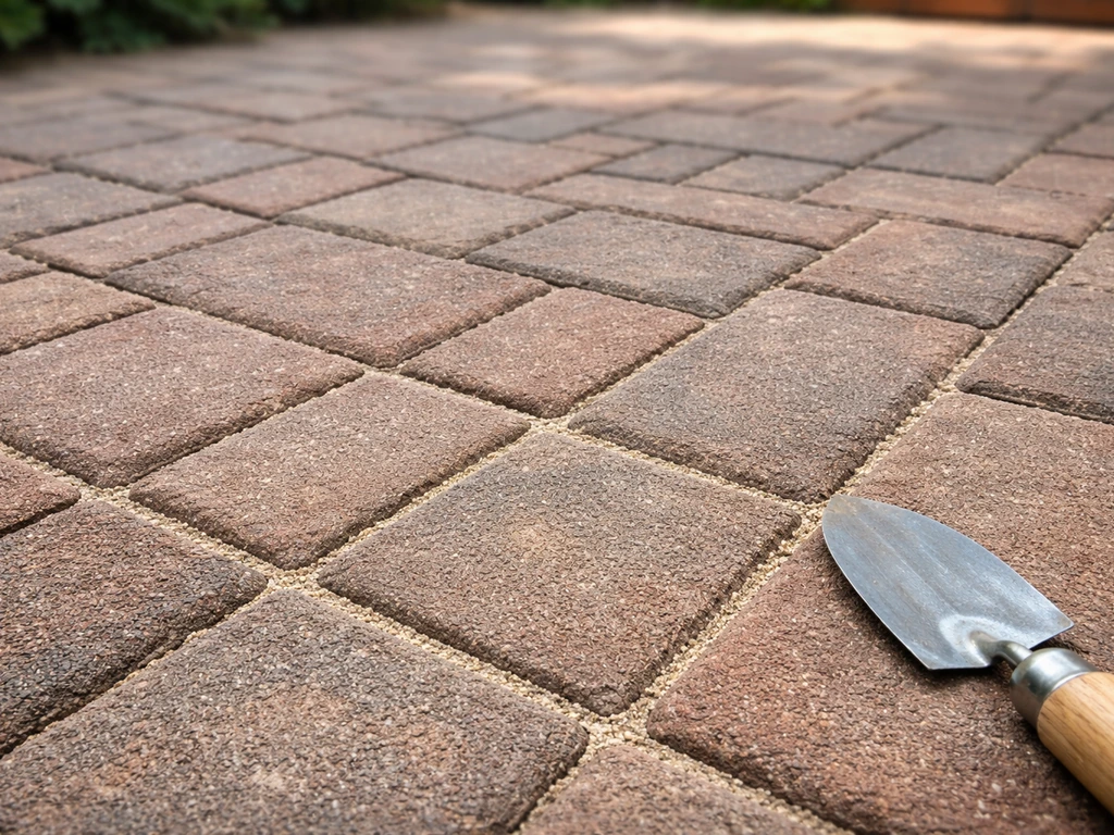 Close-up of brick patio with freshly leveled joint sand between bricks, clean tight gaps