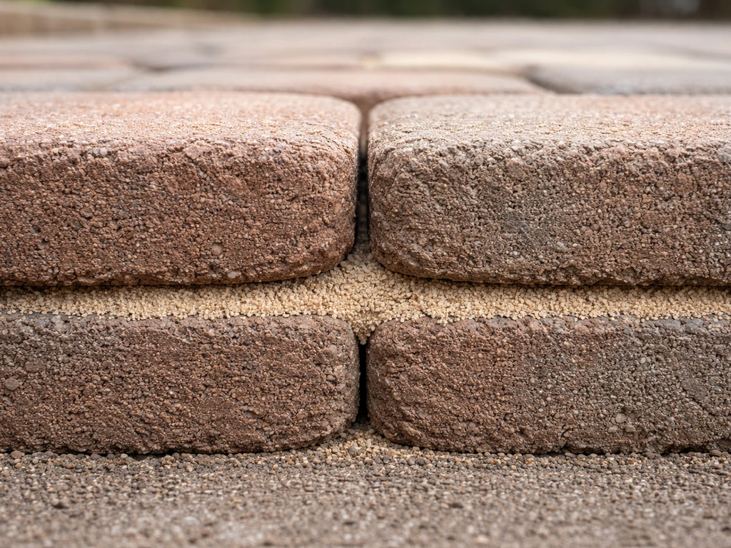 Close-up cross-section of brick pavers with sand packed between joints for stability.