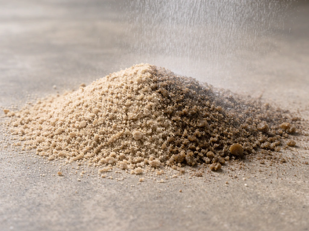 Dry polymeric sand grains partially misted, showing darker wet clumps from water activation.
