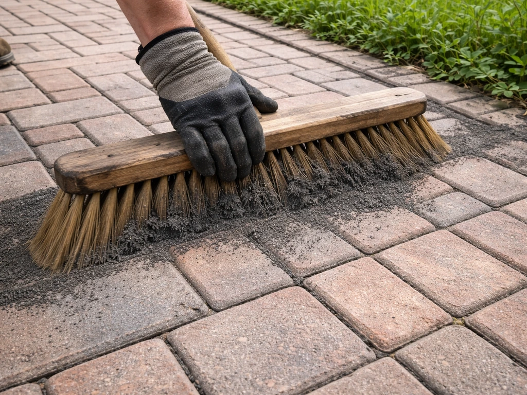 Hands using a stiff broom to sweep polymeric sand into brick joints next to grass and weeds.
