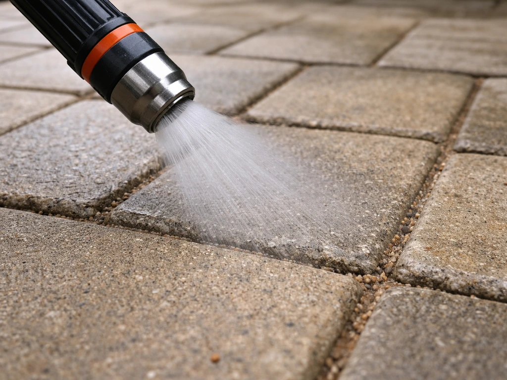 Garden hose nozzle gently misting patio joints, with droplets settling in grout lines without flooding.