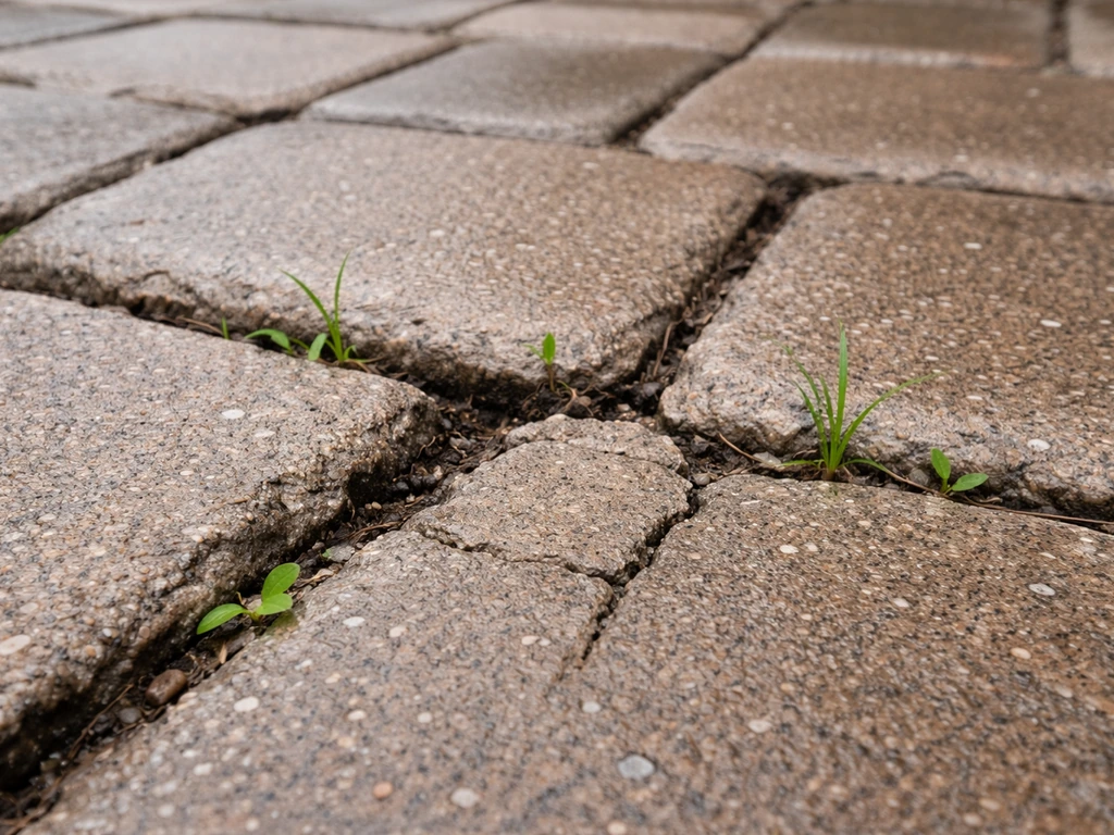 Close-up of damp paving stones with eroded, cracked polymeric sand joints and small weeds in the gaps