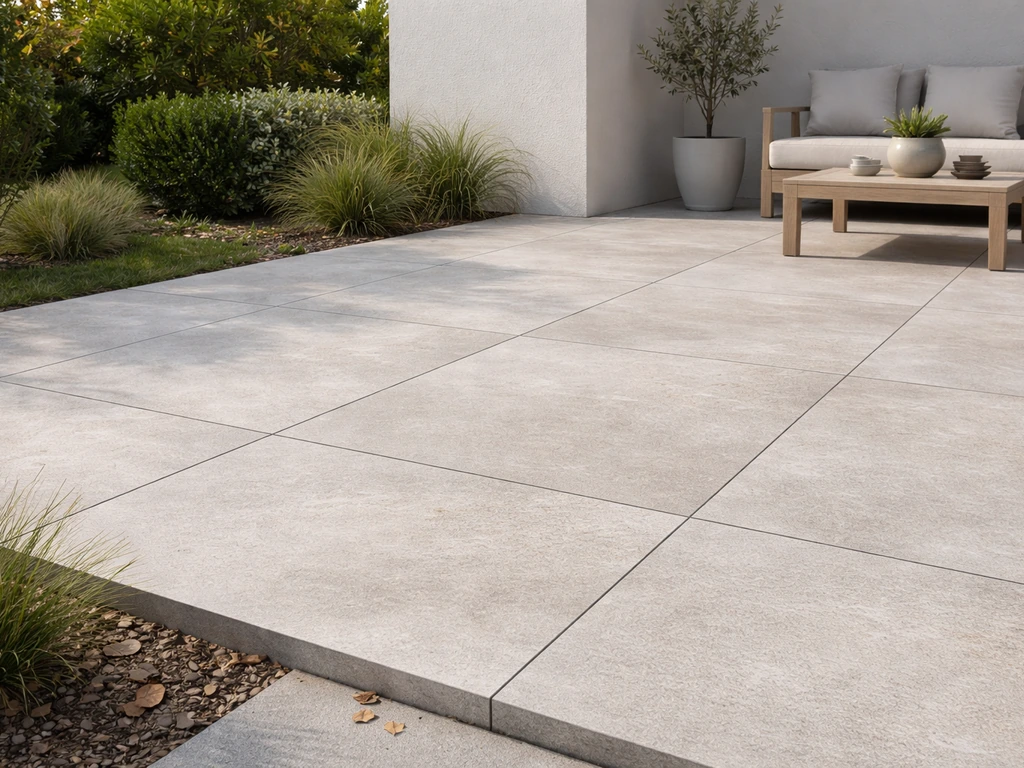 Clean low-maintenance patio with large outdoor slabs and minimal debris in natural daylight.
