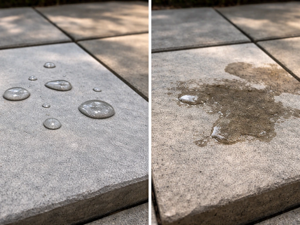 Side-by-side patio slab close-up showing beading water on dense stone vs dark wet staining on porous stone.