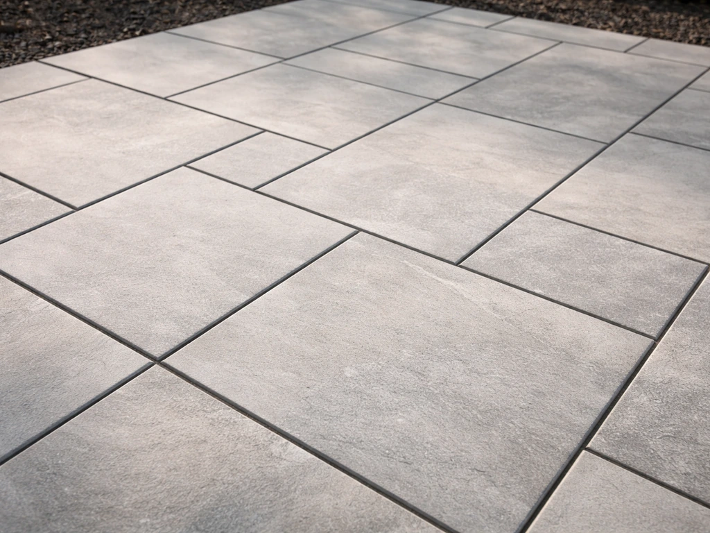 Close-up of outdoor porcelain pavers patio showing through-body color and low-absorption finish