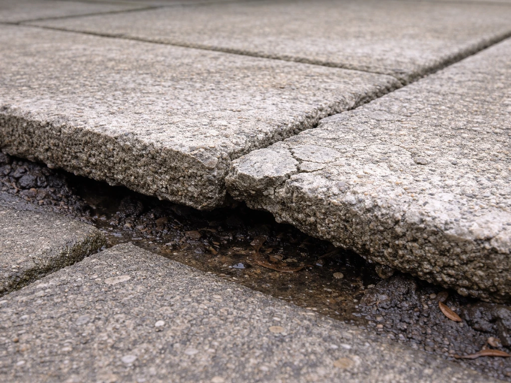 Close-up of a lifted concrete slab edge with damp soil showing freeze-thaw damage