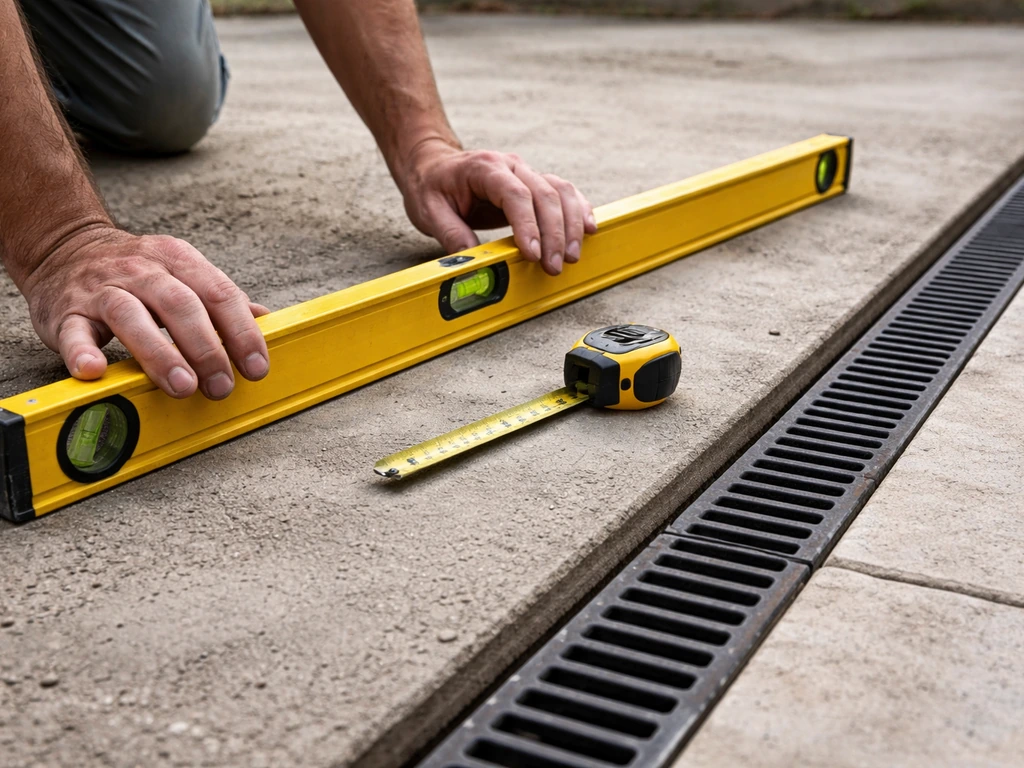 Contractor checking base slope with level and tape measure before setting slabs, showing drain direction