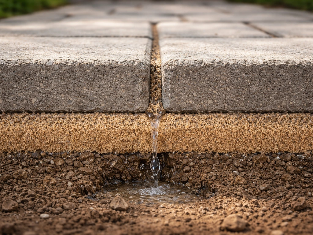 Cross-section of interlocking pavers with joint sand and bedding layer managing water and stability.