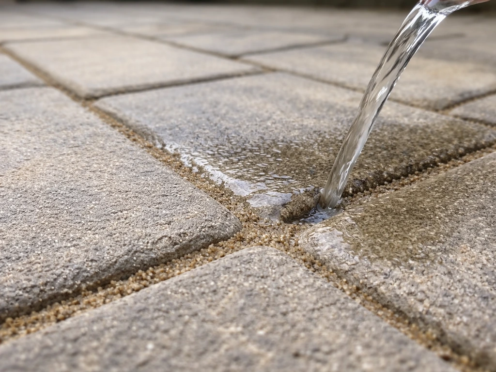 Close-up of polymeric sand in patio joints with water activating binder haze between pavers.
