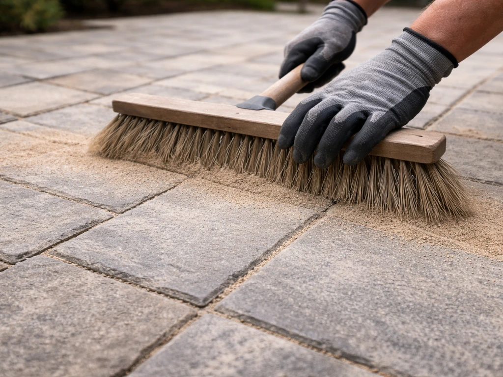 Gloved hands sweeping polymeric sand into joints between stone patio pavers.