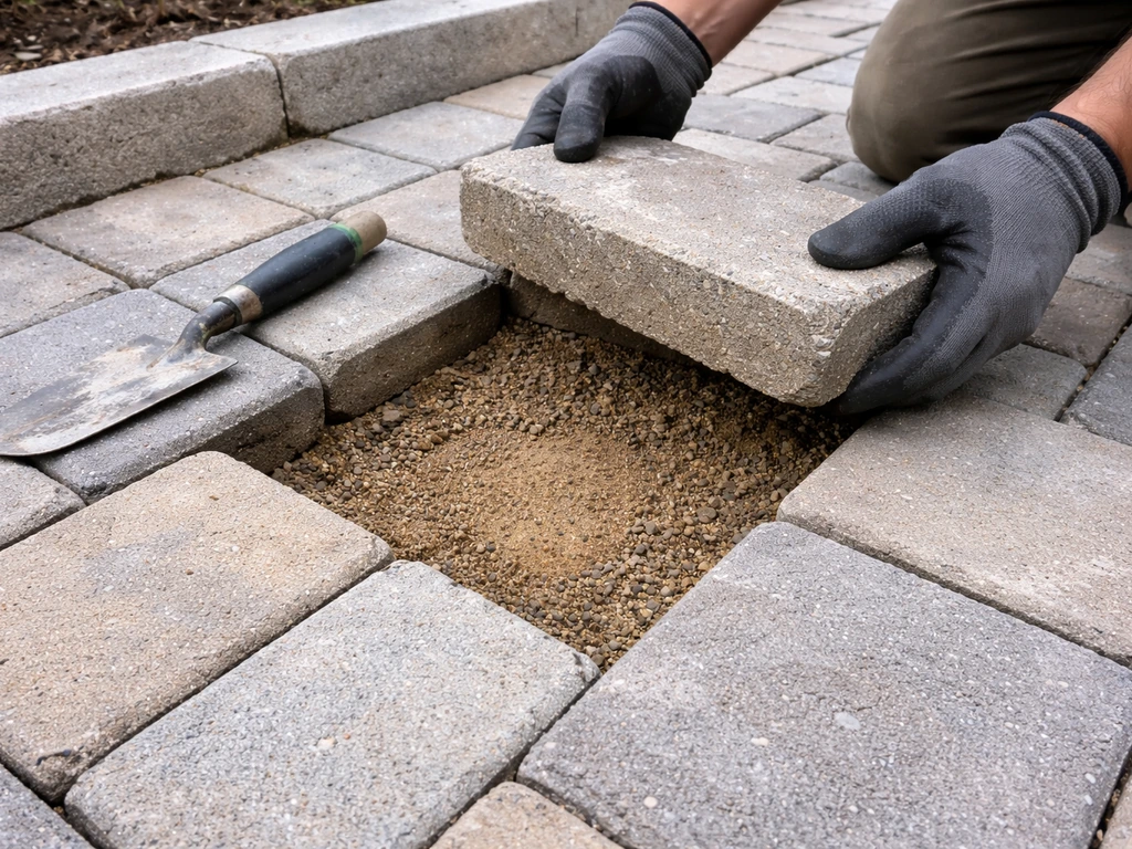 Gloved hands lifting patio pavers to inspect the bedding layer before re-sanding failed joints.