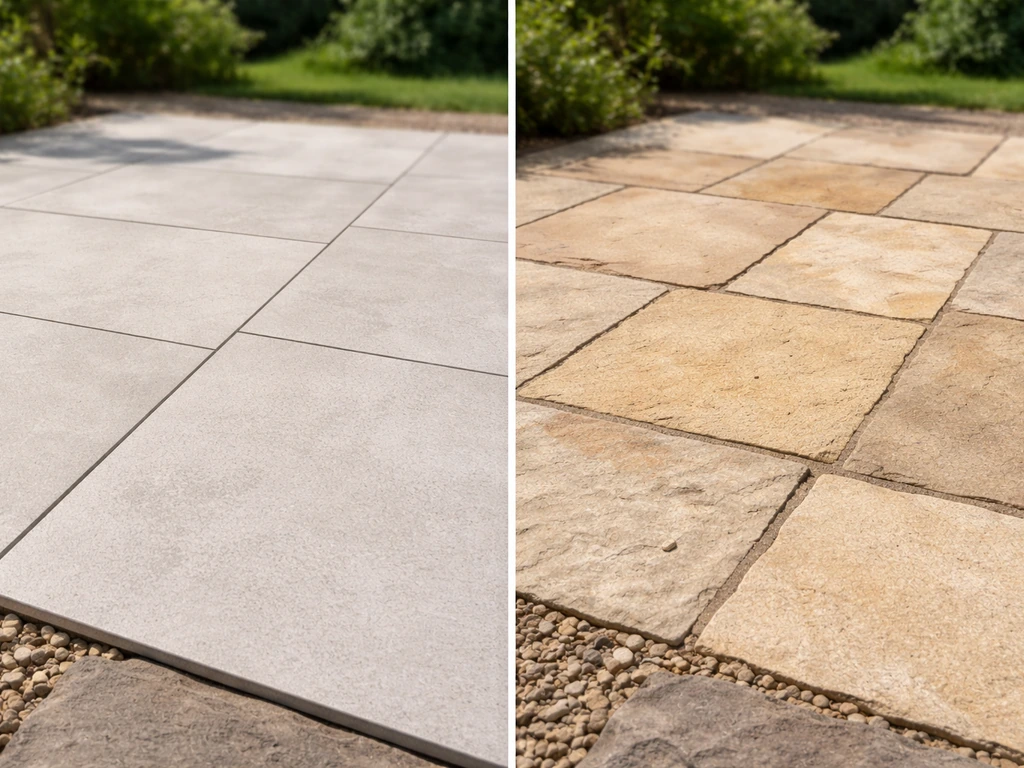 Split-screen view of porcelain tile texture vs sandstone paver texture on an outdoor patio.