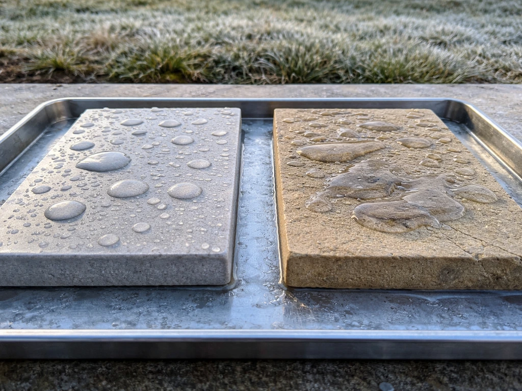 Porcelain beads water while sandstone darkens; thin ice forms to suggest freeze–thaw damage risk.