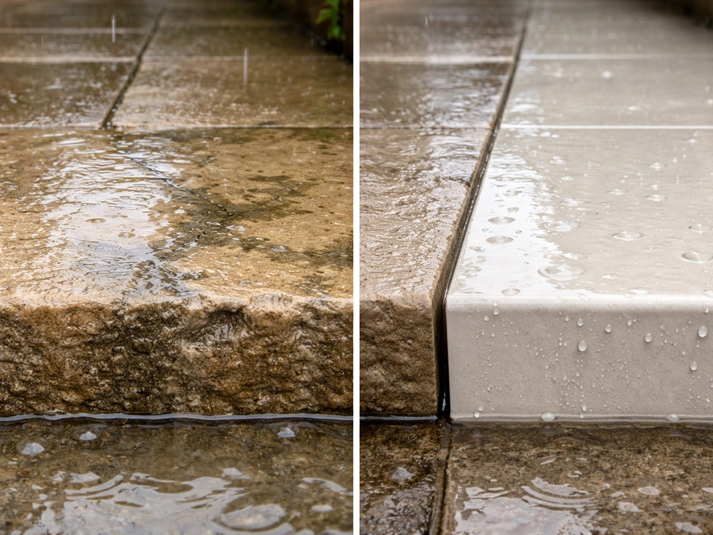 Shallow rainwater pools on rough sandstone with faint white efflorescence, while nearby porcelain resists staining.