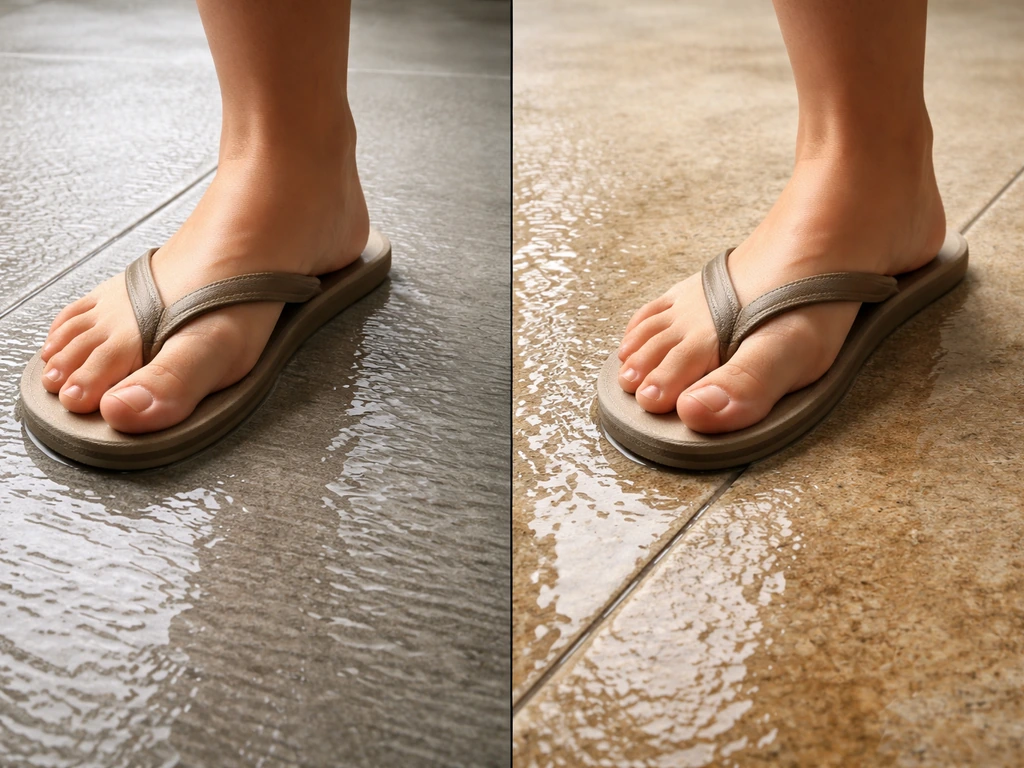 Wet foot traction comparison between textured porcelain tile and brushed sandstone surface.