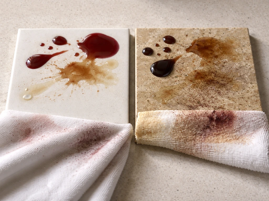 Porcelain tile and sandstone tile side-by-side; red wine, coffee, and grease marks wiped, porcelain stays cleaner.