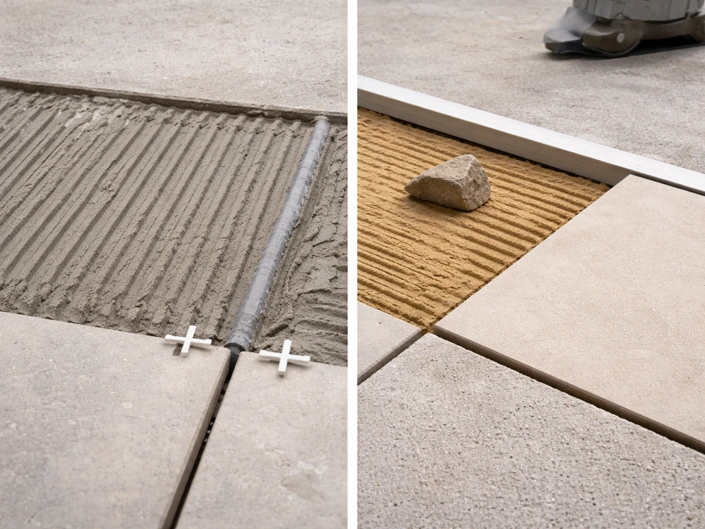 Two-step porch tile installation scene showing exterior polymer-modified mortar with spacers and a cutting setup