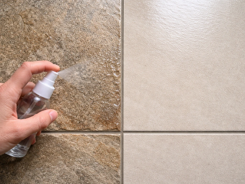 Close-up of penetrating sealer mist on rough sandstone beside untouched glazed porcelain tile.
