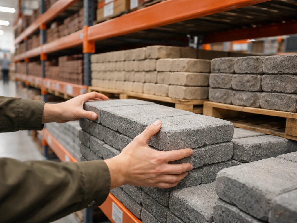 Customer hands browsing different concrete pavers on a pallet-rack display inside a big-box store.