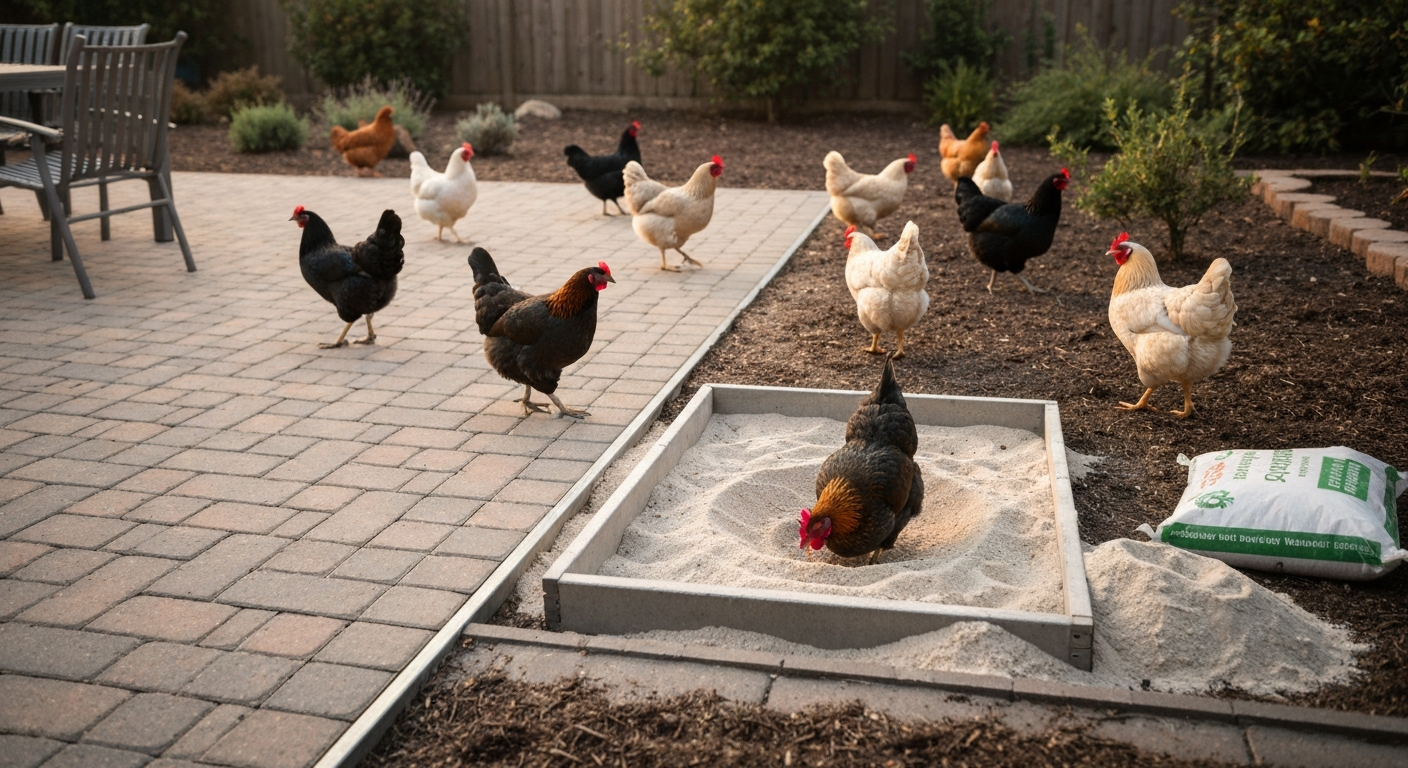 Backyard paver patio next to a chicken run with hens dust-bathing in a contained sand bath.