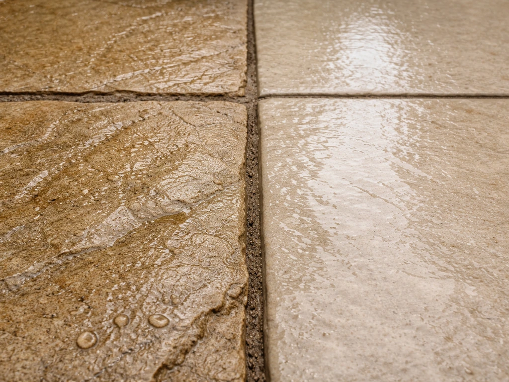 Close-up of riven sandstone pavers with wet shine and subtle dry texture contrast.