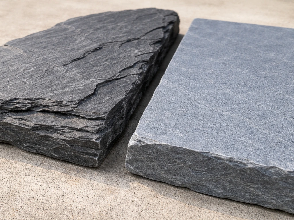 Close-up of layered slate rock and a blue-gray bluestone slab side-by-side in soft natural light.