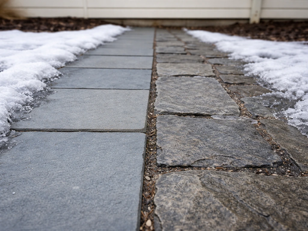 Side-by-side bluestone and slate pavers showing different weathering and edge wear after freeze-thaw.