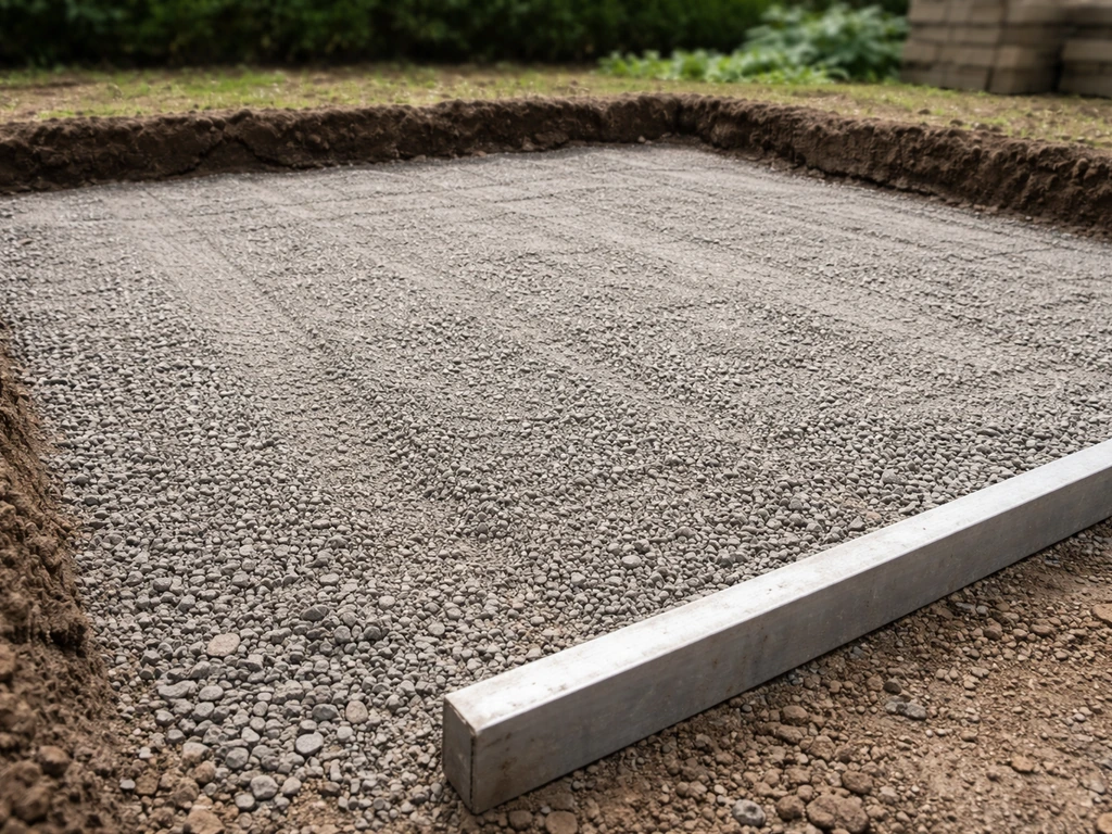 Freshly leveled crushed-stone base with a compacted, flat surface for installing stone pavers.