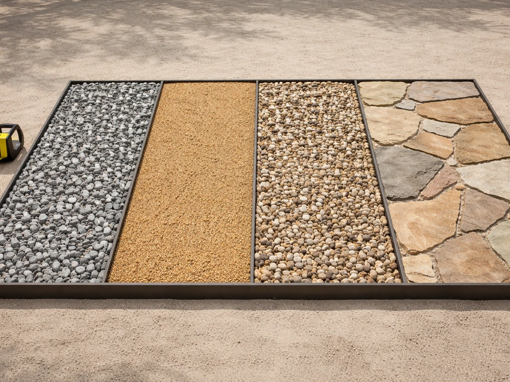 Minimal patio rock comparison with four rock types arranged in sections, edge restraint and tape nearby.