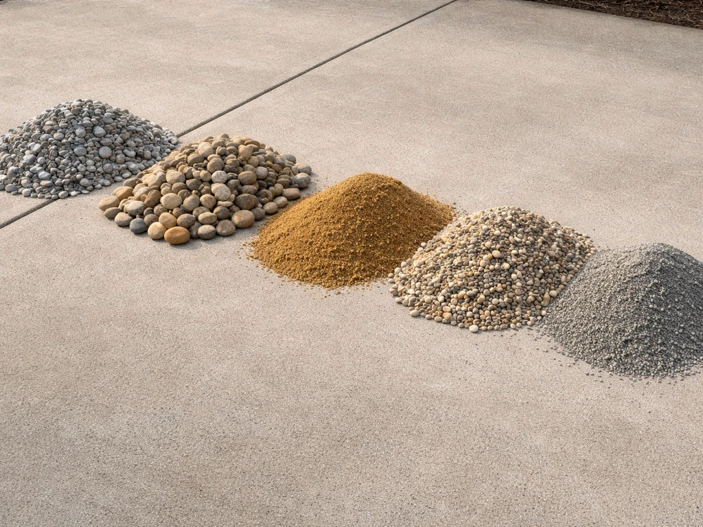 Five patio aggregate types arranged as separate piles on a driveway for a clear visual comparison.