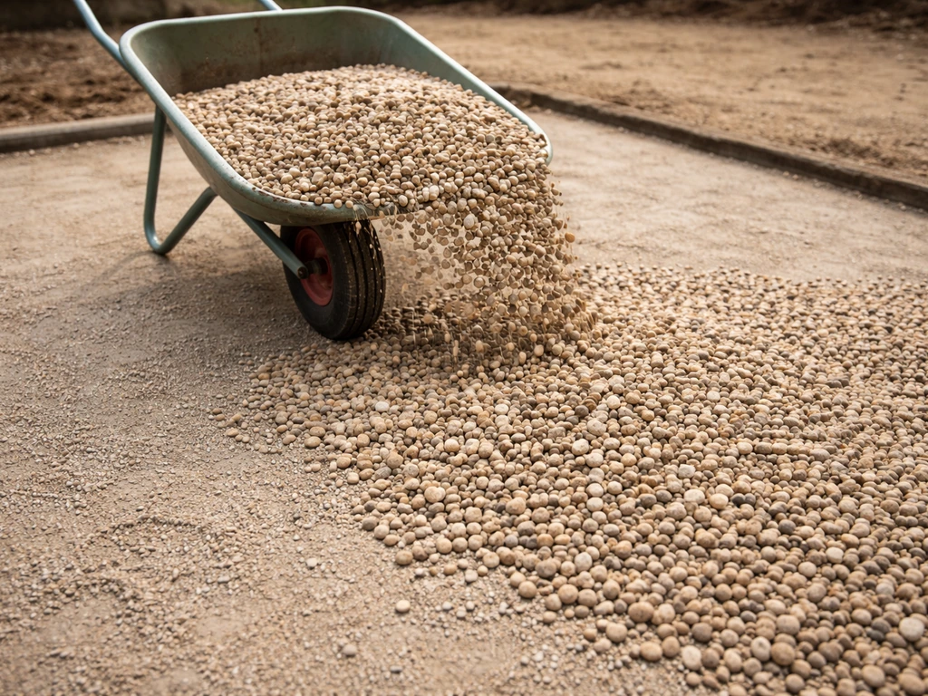 Wheelbarrow pouring small rounded pea gravel onto a prepared patio surface.