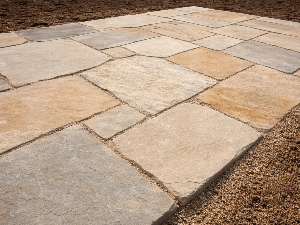 Flagstone patio slabs set on compacted sand with visible sand joints and a slight drainage slope.