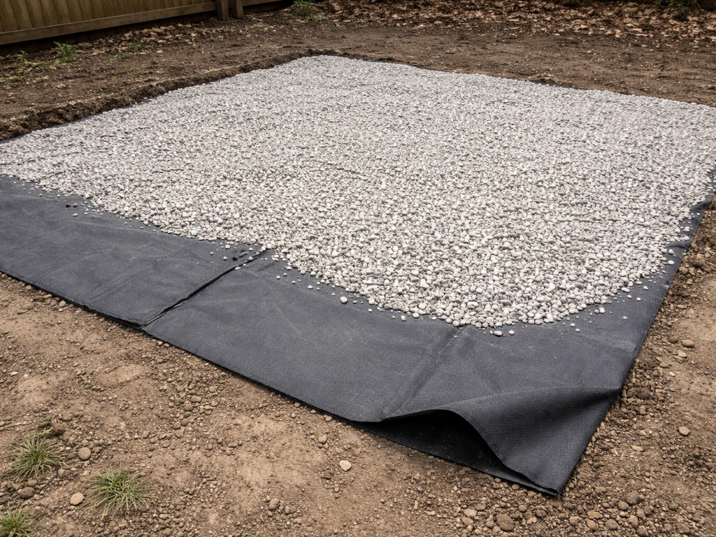 Black weed barrier fabric overlapped at seams under a gravel base, covered with light gray aggregate.