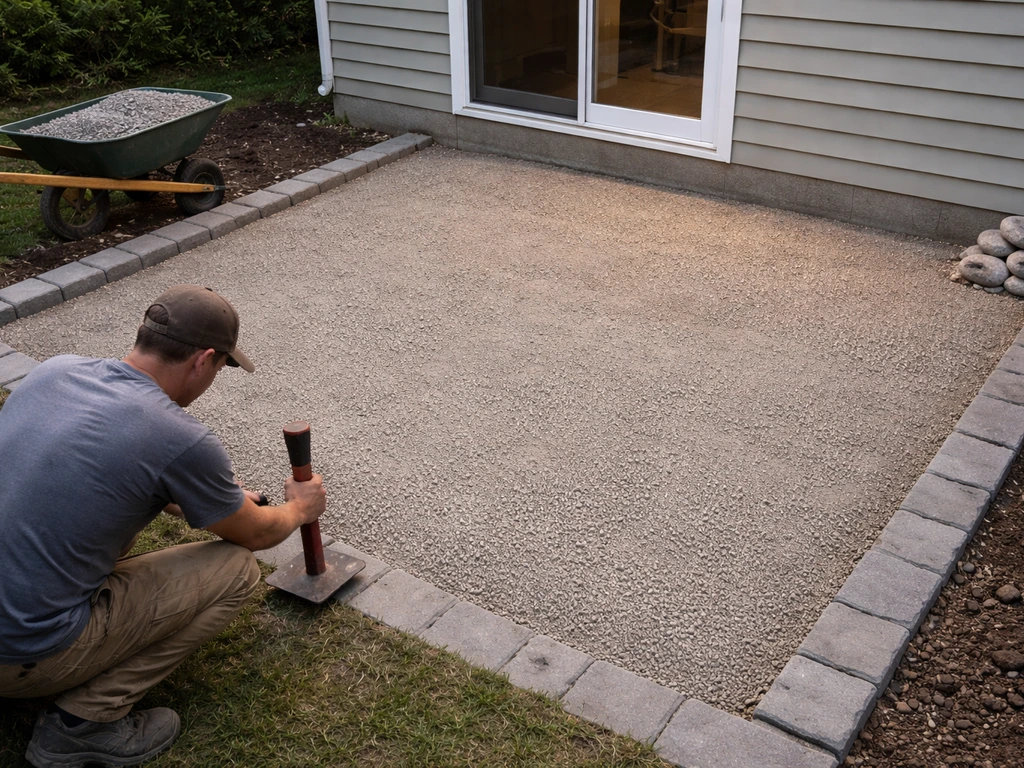 Contractor grading and compacting an excavated patio base, sloped away from the house with a fresh bedding layer