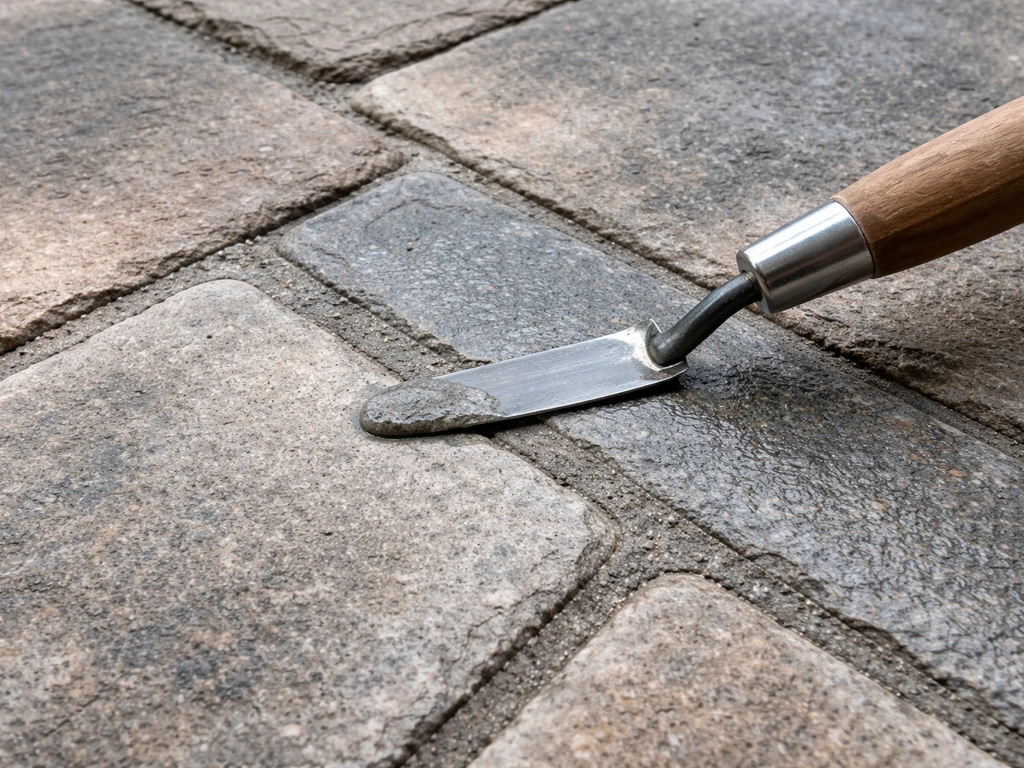 Close-up of patio pavers with freshly packed mortar joints and lightly smoothed tool lines