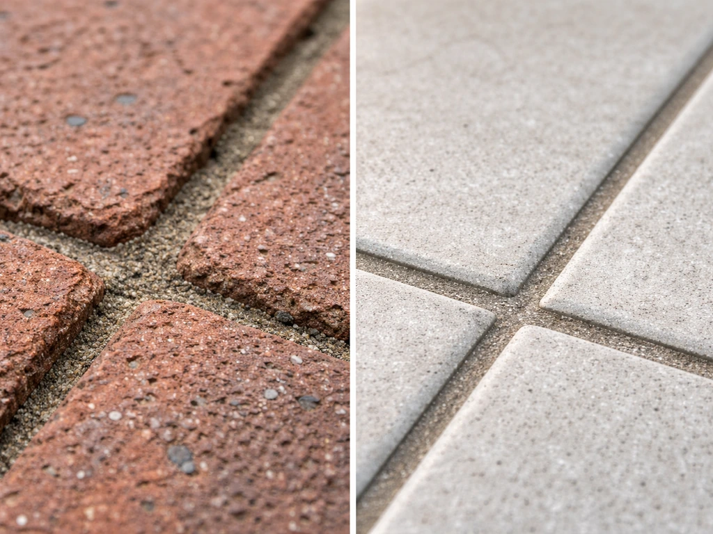 Split view of a patio joint on porous clay brick vs low-absorption porcelain tile, showing different mortar bonding.