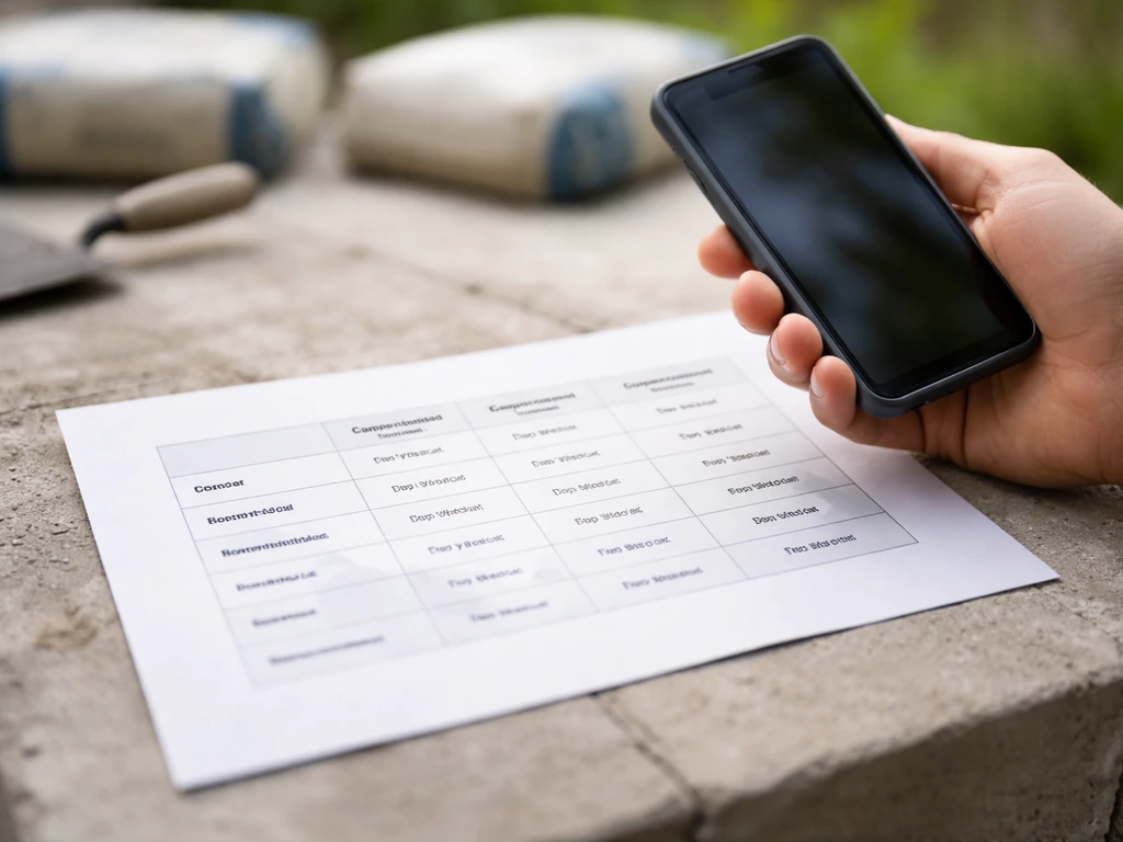 Hand holding a phone over a printed mortar comparison sheet on a workbench