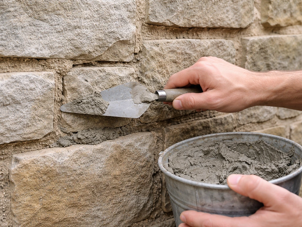 Close-up of hands packing fresh mortar into deep raked joints on a stone wall with a pointing trowel.