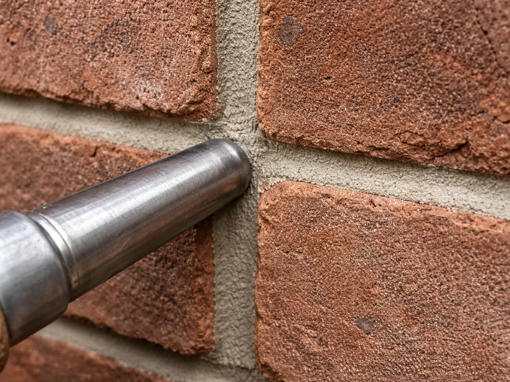 Close-up of brick mortar joints being finished with a rounded jointing tool at thumbprint firmness