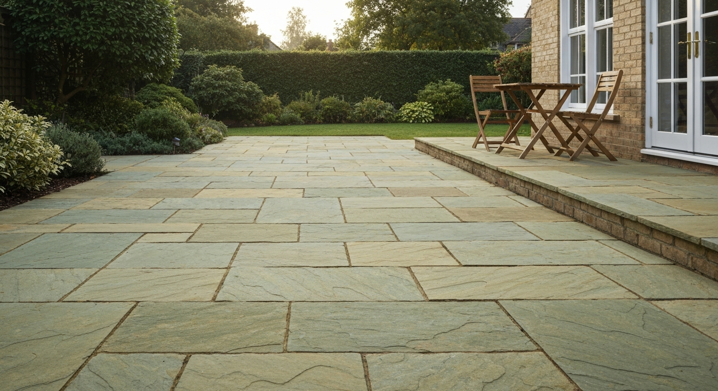 Residential patio paved with Raj Green sandstone natural cleft slabs in a garden, showing textured surface and pointed joints.