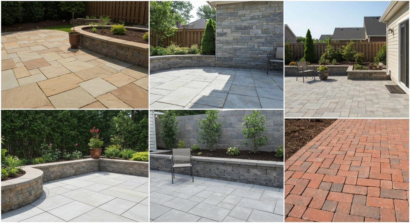 Four-panel photo showing flagstone, bluestone, porcelain pavers, and brick patio alternatives in a backyard setting.