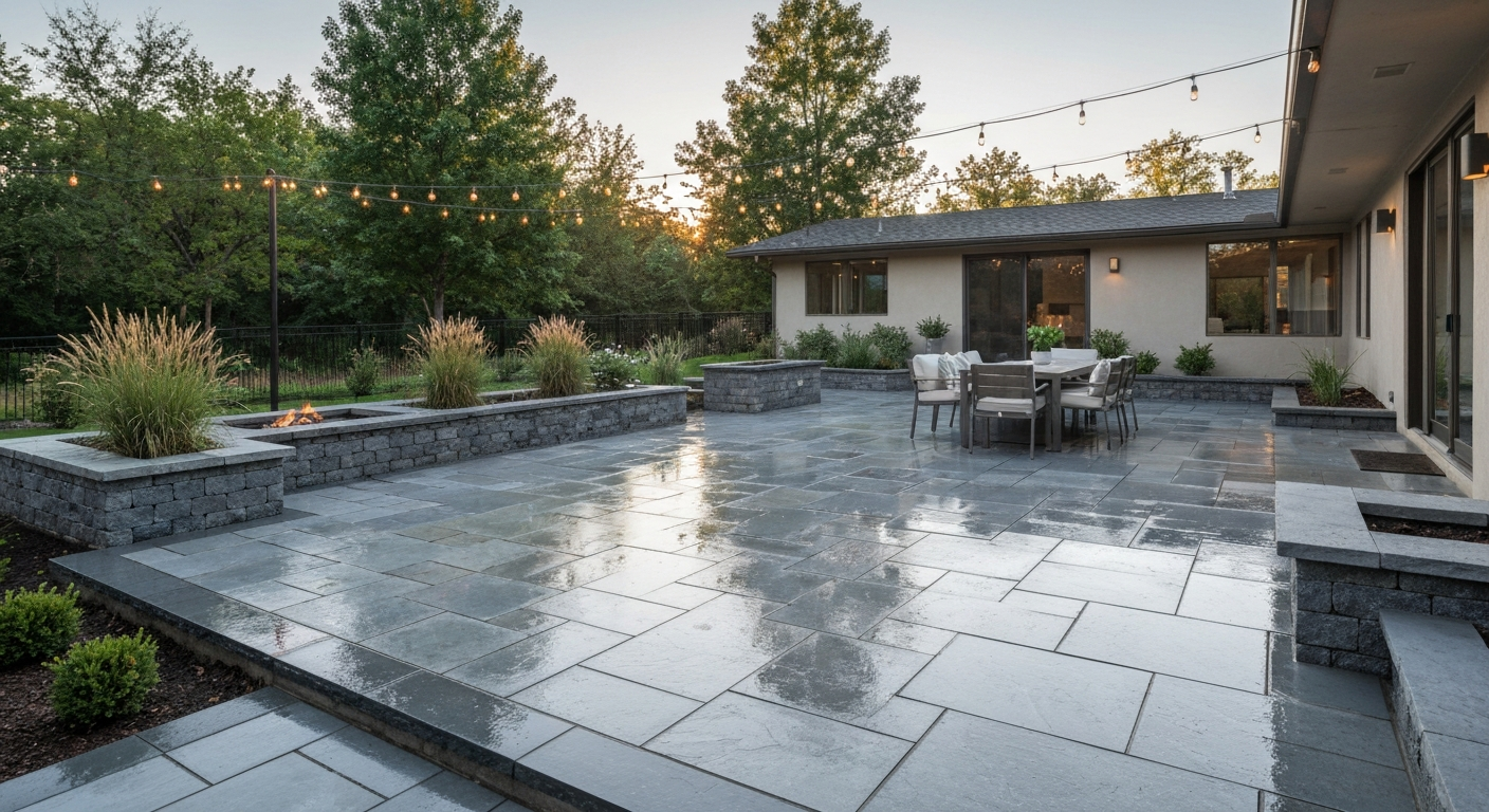Stylish backyard stone patio featuring bluestone slabs and porcelain pavers with outdoor dining set and warm string lights.
