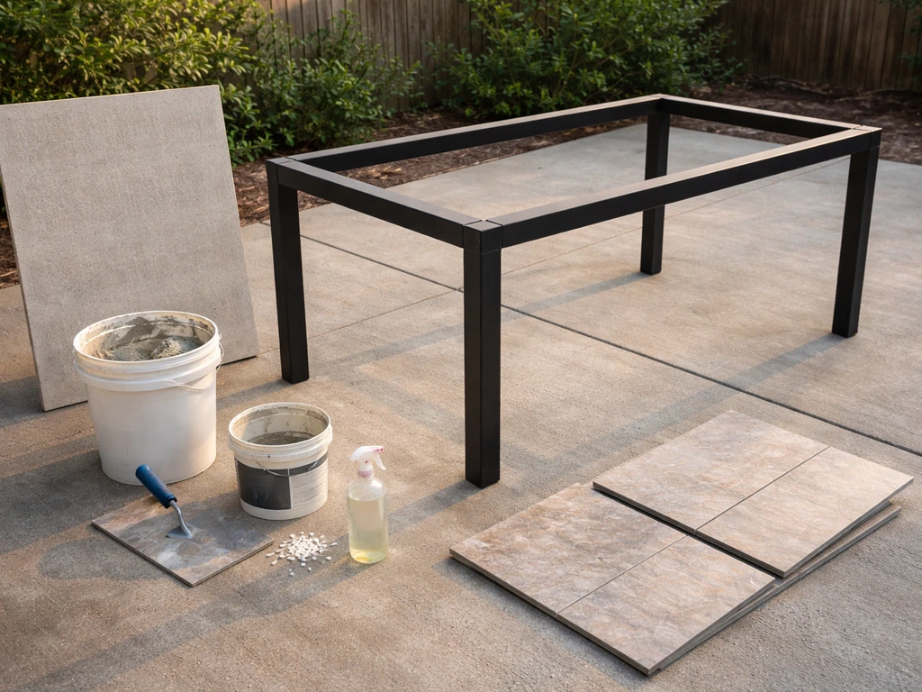 Empty patio table frame with DIY tile materials staged outdoors for a faux-stone tabletop replacement.