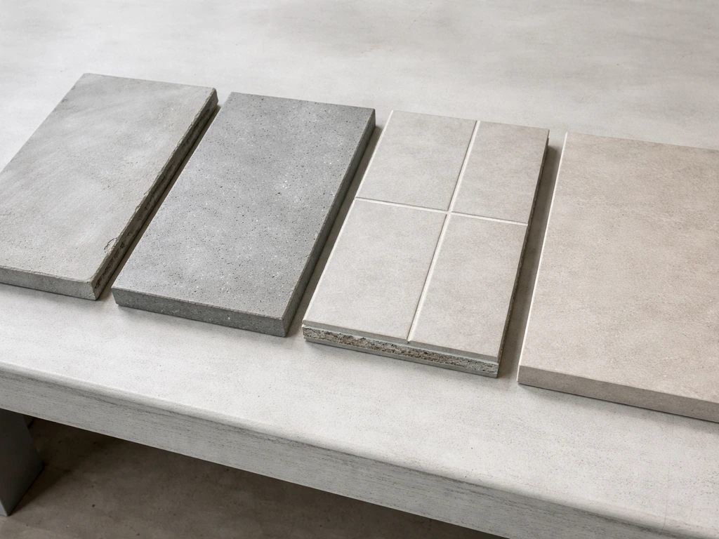 Four close-up tabletop samples laid side by side, showing concrete overlay, cast concrete, tile-backer, and composite pa