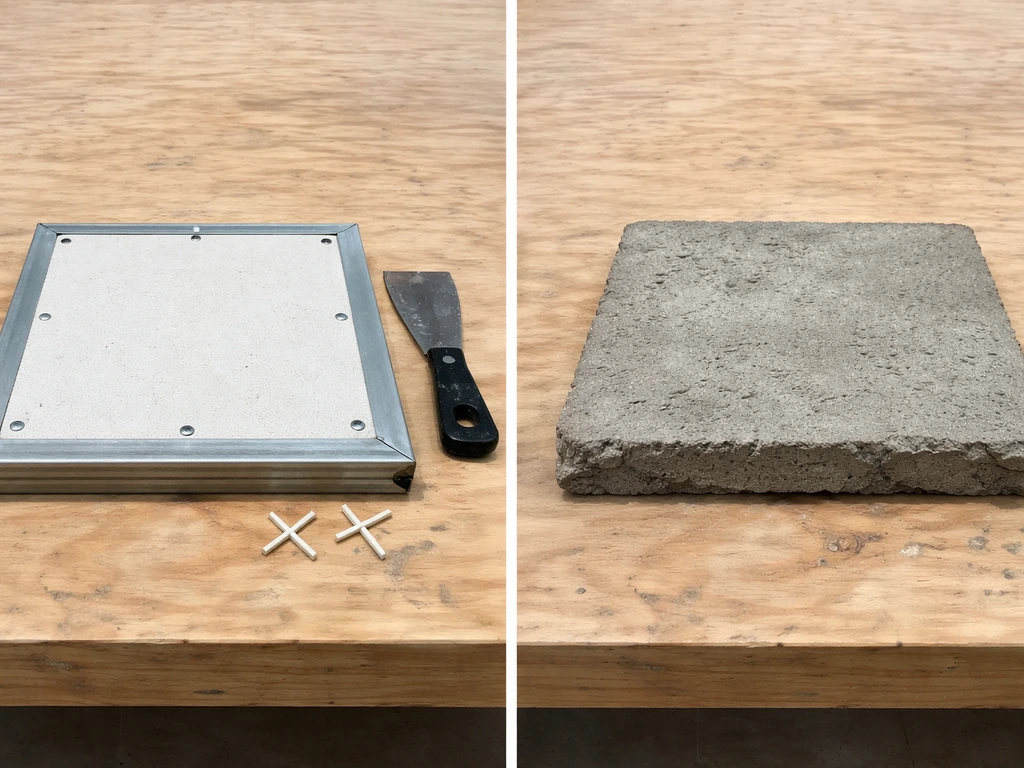 Split tabletop scene: DIY tile-over-backer base on left, cast-concrete top section on right.