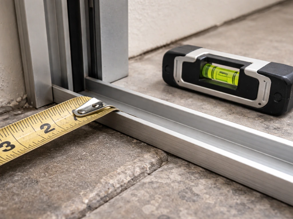 Close-up of a steel/aluminum frame lip with tape measure and level for a tile-over-backer compatibility check.