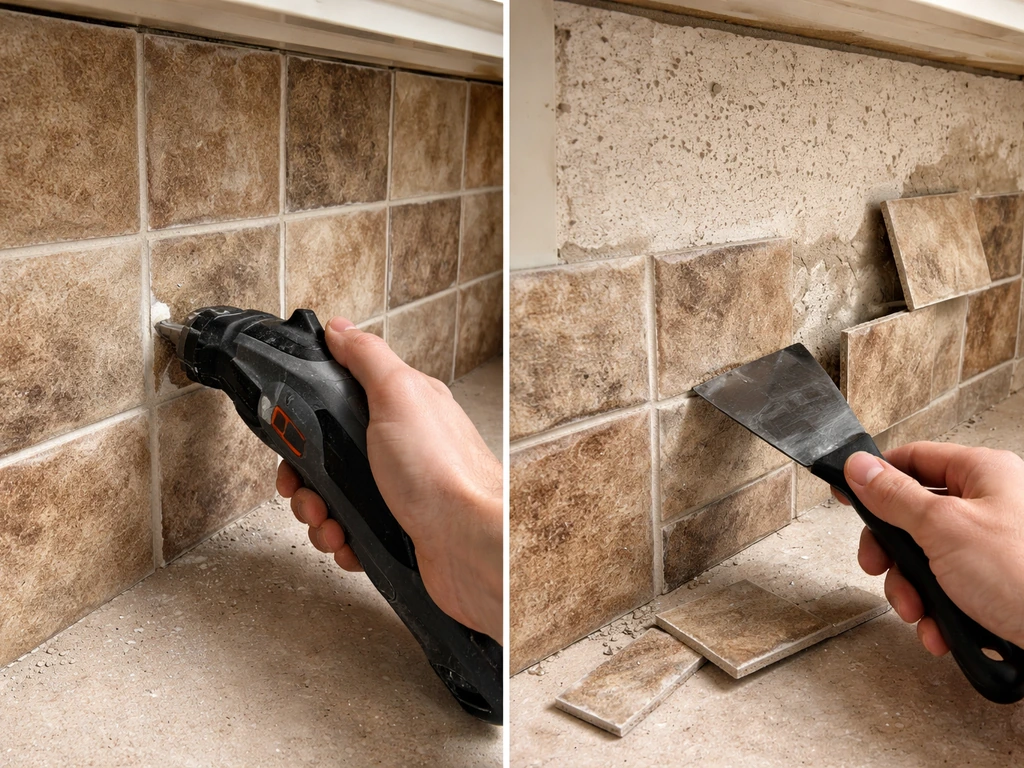 Hands cut grout and pry up a partially removed faux-stone tile backsplash, exposing the frame beneath.